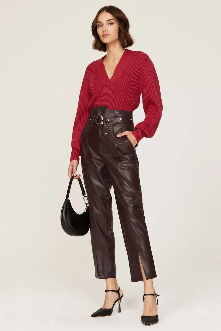 RTR Marissa Webb Sz 0 Brown Split Hem Faux Leather Belted High Waisted Pants